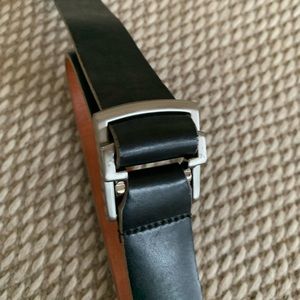 Cole Haan black leather 1.25” wide belt with brushed nickel slide-thru closure